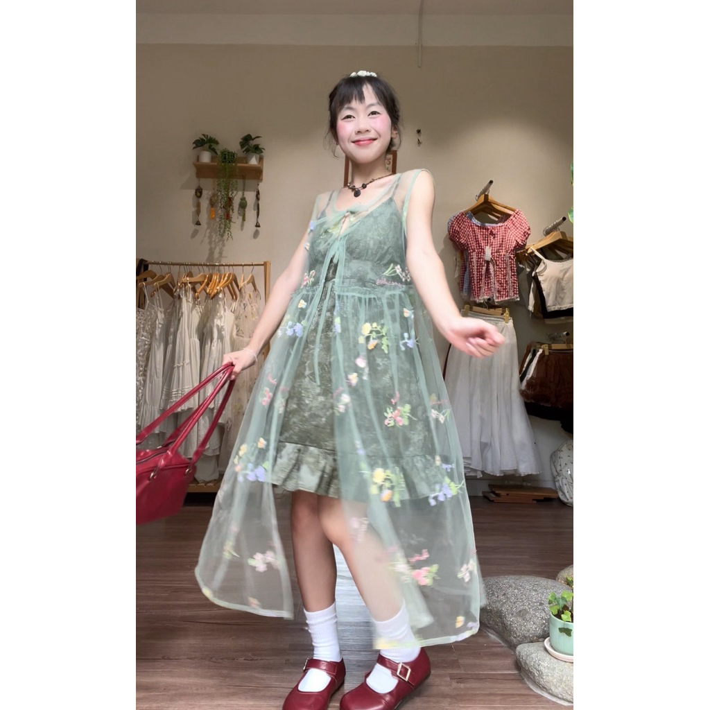 Flower Embroidered Mesh Dress with Bow Tie Flowy Feminine Muse | Shopee  Philippines