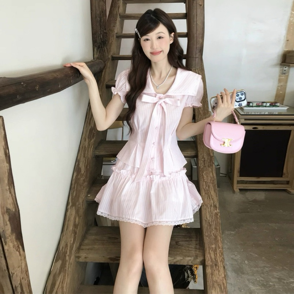 Ruffle collar shirt Set with striped pattern and skirt | Shopee Philippines