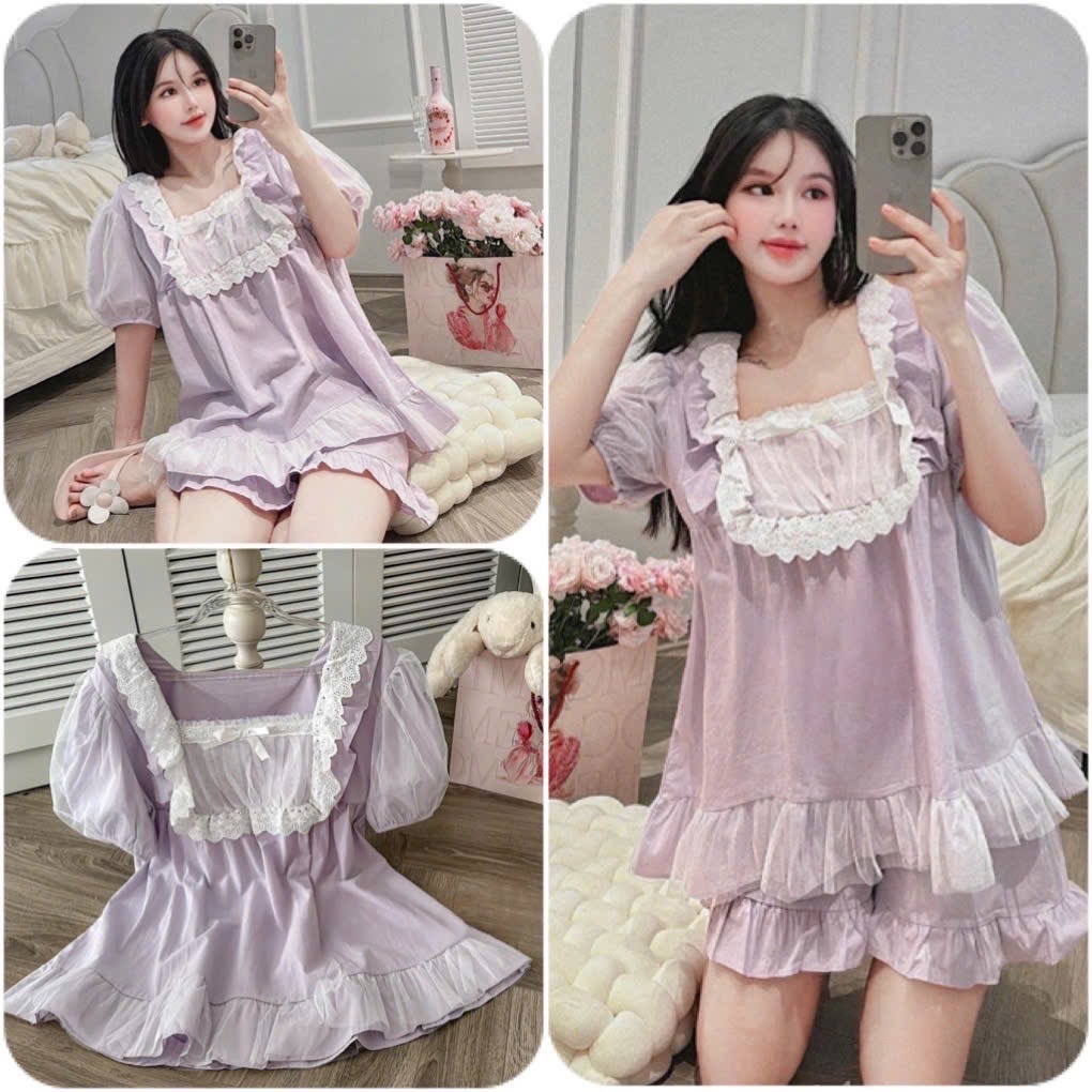 Purple Pajamas Set short sleeve Mixed with Rough Chiffon High Quality ...