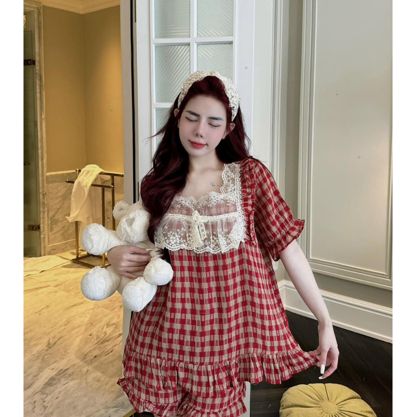 Pajamas Set Rough Red Checkered Square Collar High Quality Lady SX 444 ...