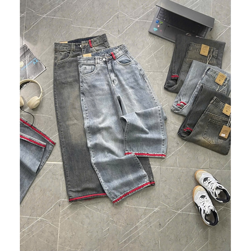 635 real photos of loose, long jeans with red color combination ...