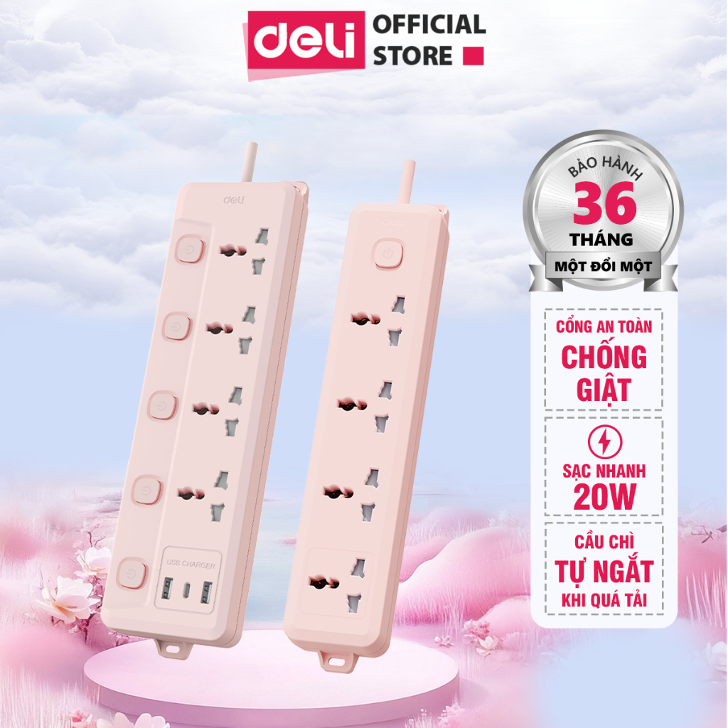 DELI Multifunctional Pink Power Socket 2500W Load Capacity with USB ...