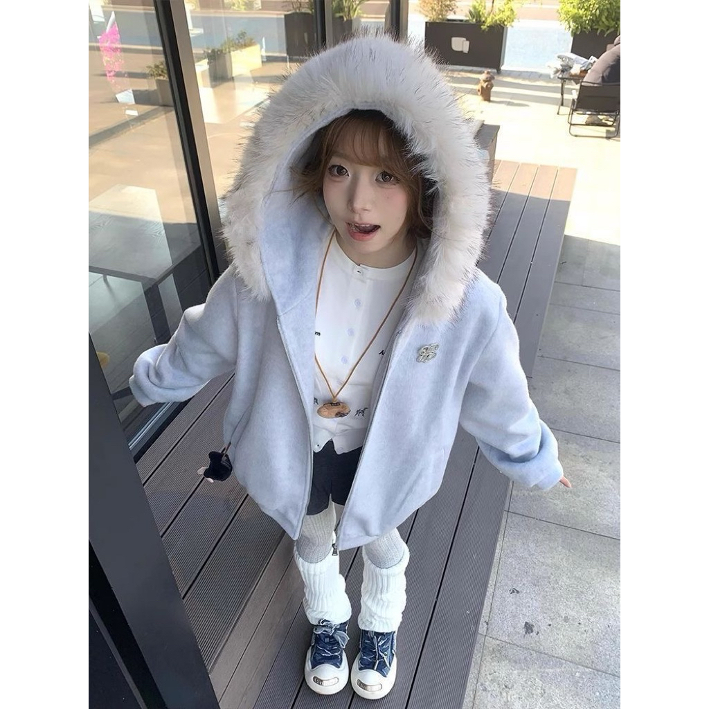 Jacket new cute style fur hat - basic blue autumn and winterJacket for ...