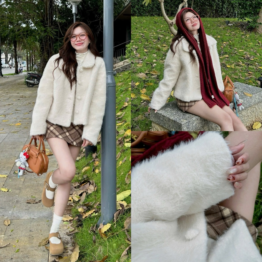 (OLDSCHOOL PHOTO) Women's white furJacket with buttons and turn-down ...