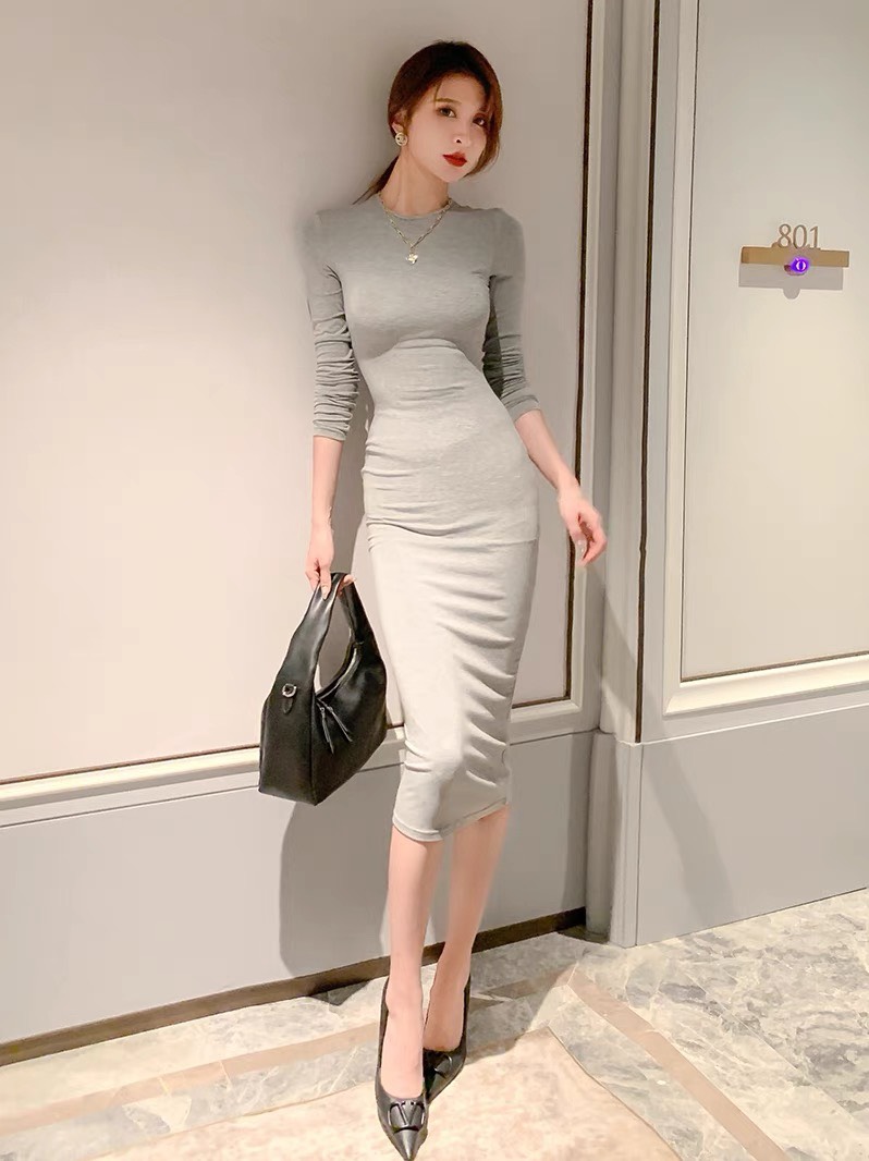 Dynamic Long Sleeve Elastic Bodycon Dress Knee Length Slim Form No Slit ...
