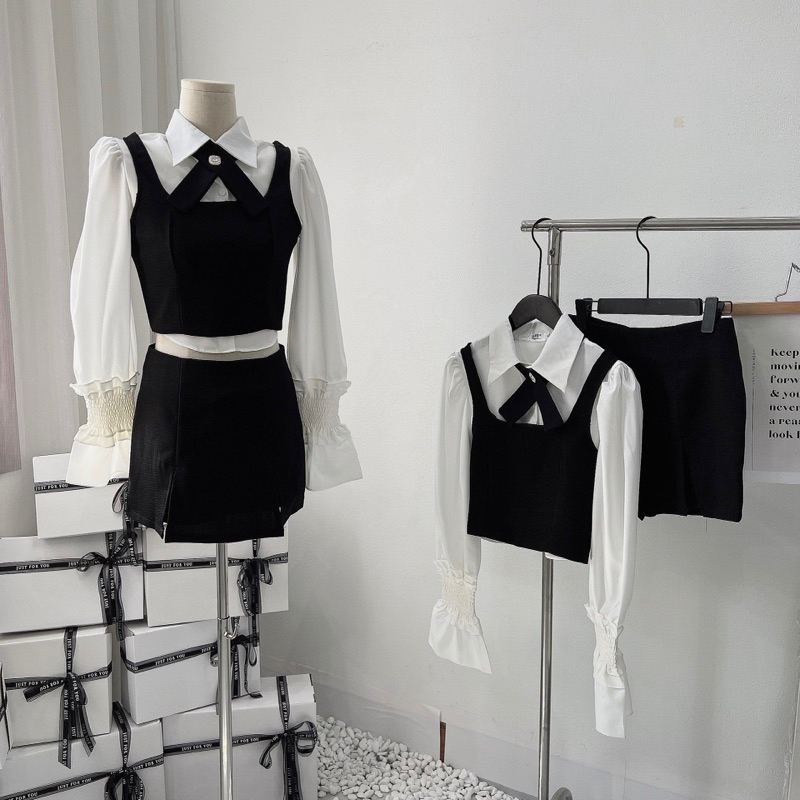 Evening Set 4 Piece Chunky Sleeve Shirt Mixed Gile with A-Line Skirt ...