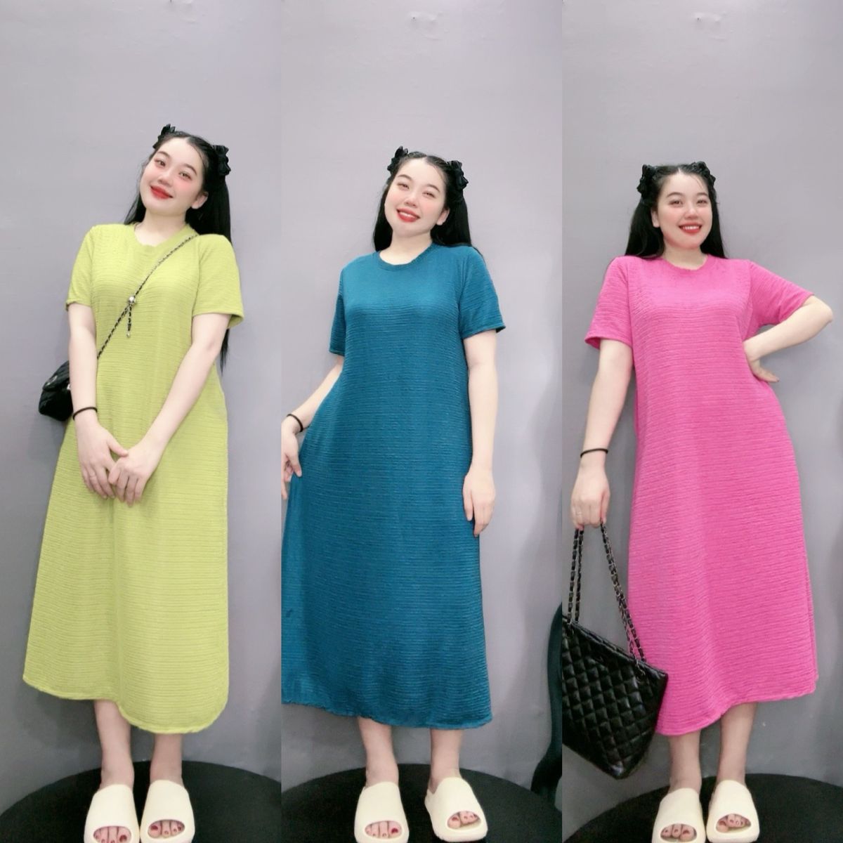 Women's big-size loose design dress with long round neck, short sleeves ...