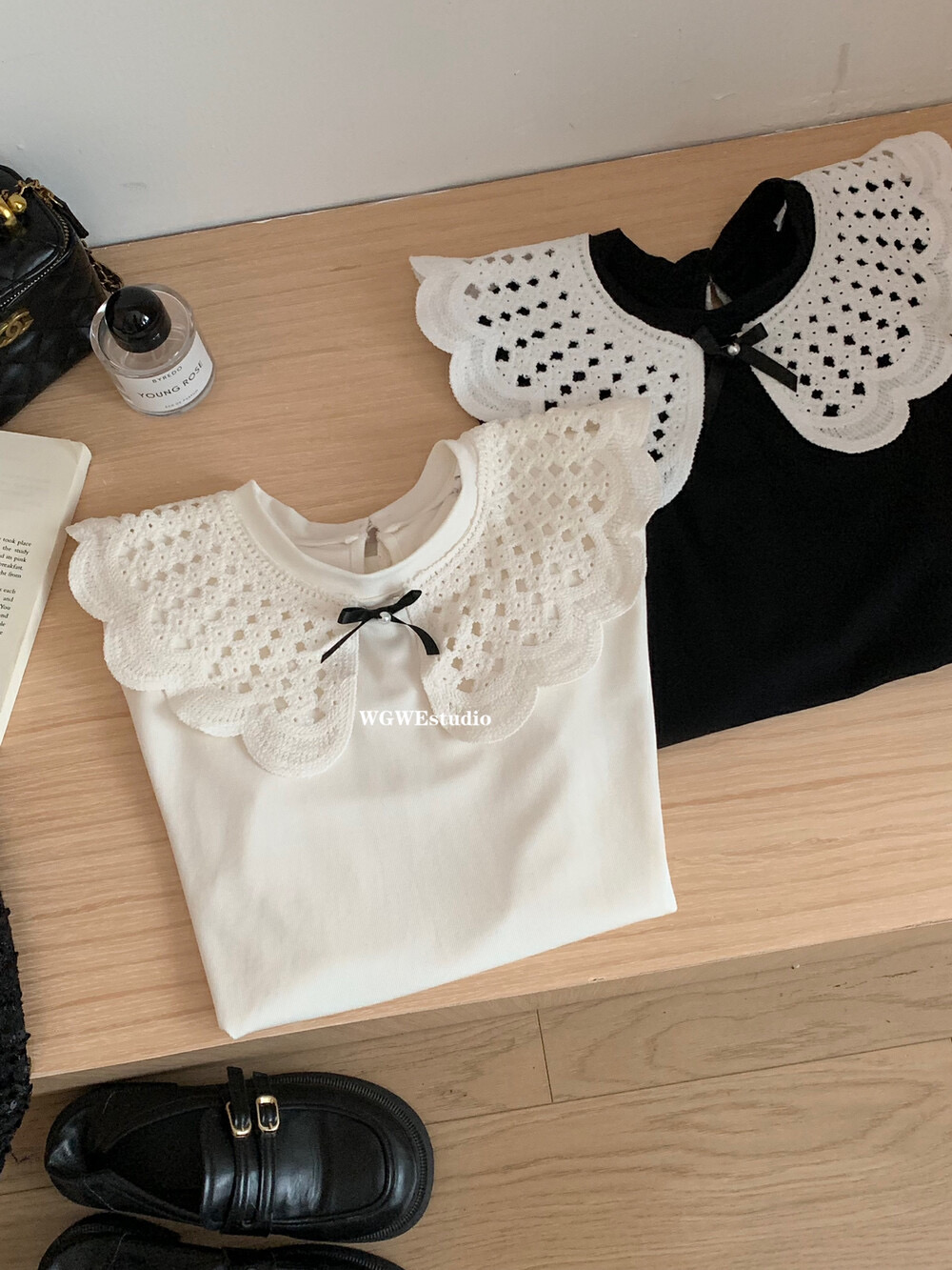 High quality WGWE Guangzhou women's lace collar T-shirt with bow tie ...