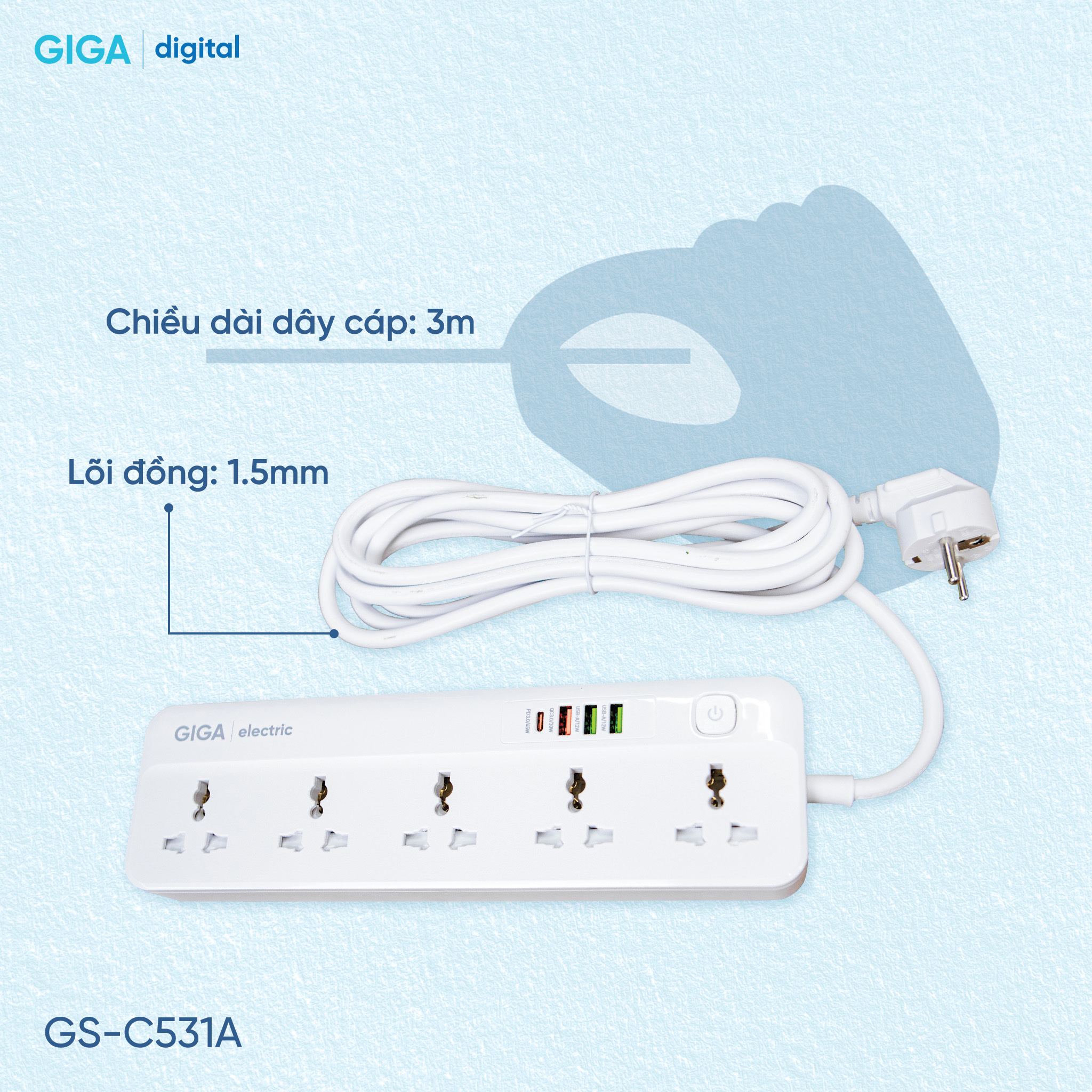 Giga Electric GSC531A Multifunction Power Socket (EU Plug, 3M Wire
