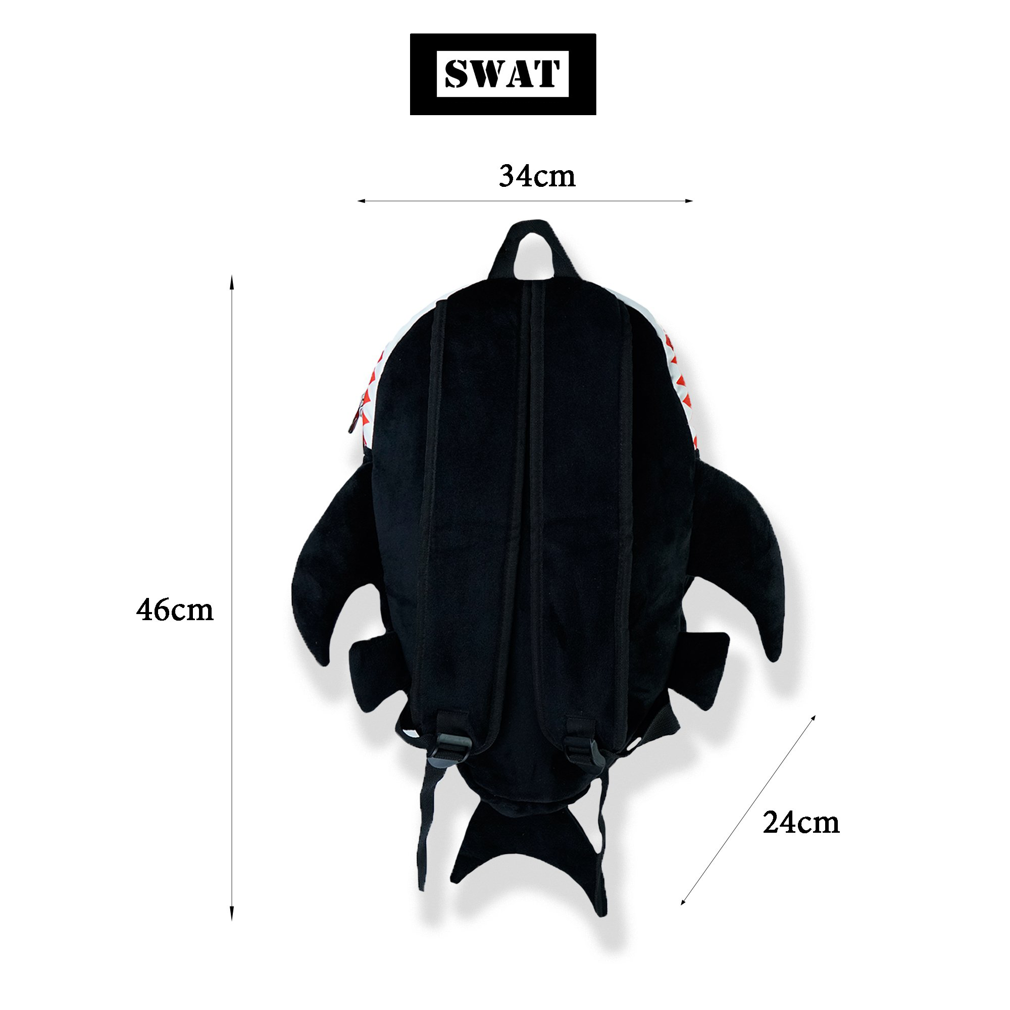 Black velvet sharkshaped backpack for school and going out Large