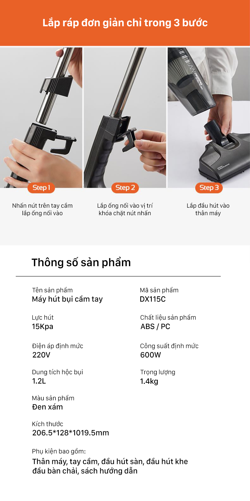 Deerma DX115C Handheld Vacuum Cleaner 15000Pa Suction Power 600W