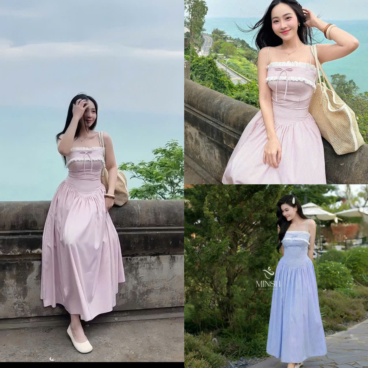 Women's dress designed with 2 straps made of striped poly material with ...