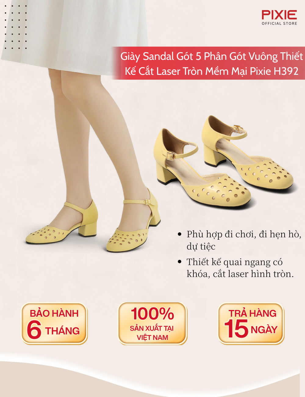 Pixie H392 Square Heel 5 Inch Heel Sandals with Soft Round Laser Cut ...