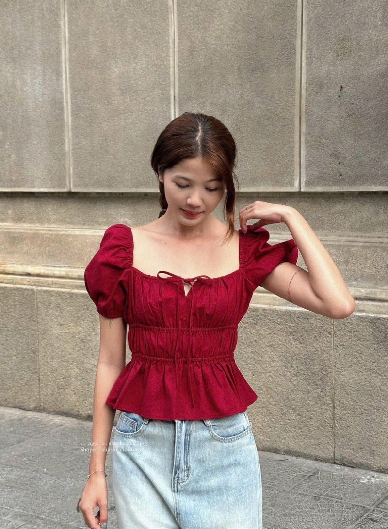 Zoey Top - Ruffled Shirt with Bow Tie (original photo) | Shopee Philippines