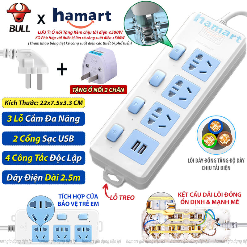 Hamart 3-hole Shockproof Smart Power Socket with 2 Multi-Purpose USB ...