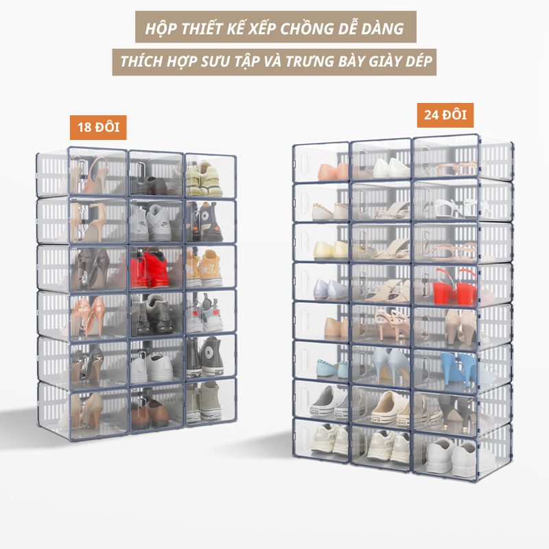 Set of 6 transparent Shoe Boxes, Box frame, ABS plastic opening door