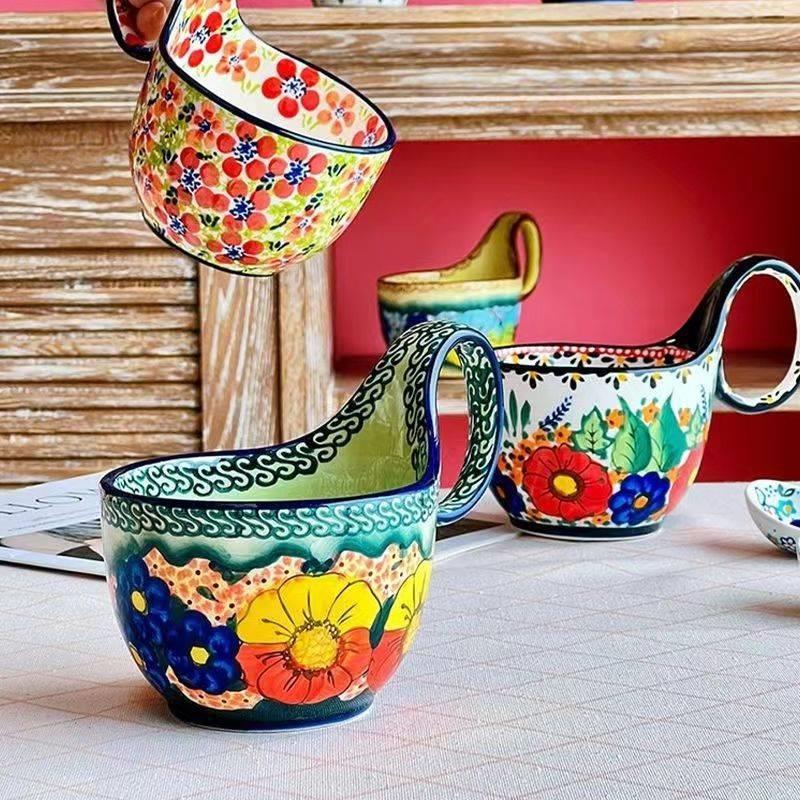Ceramic Cup, Curved Handle Cup 500ml, Cup for Milk, Fruit, Cereal