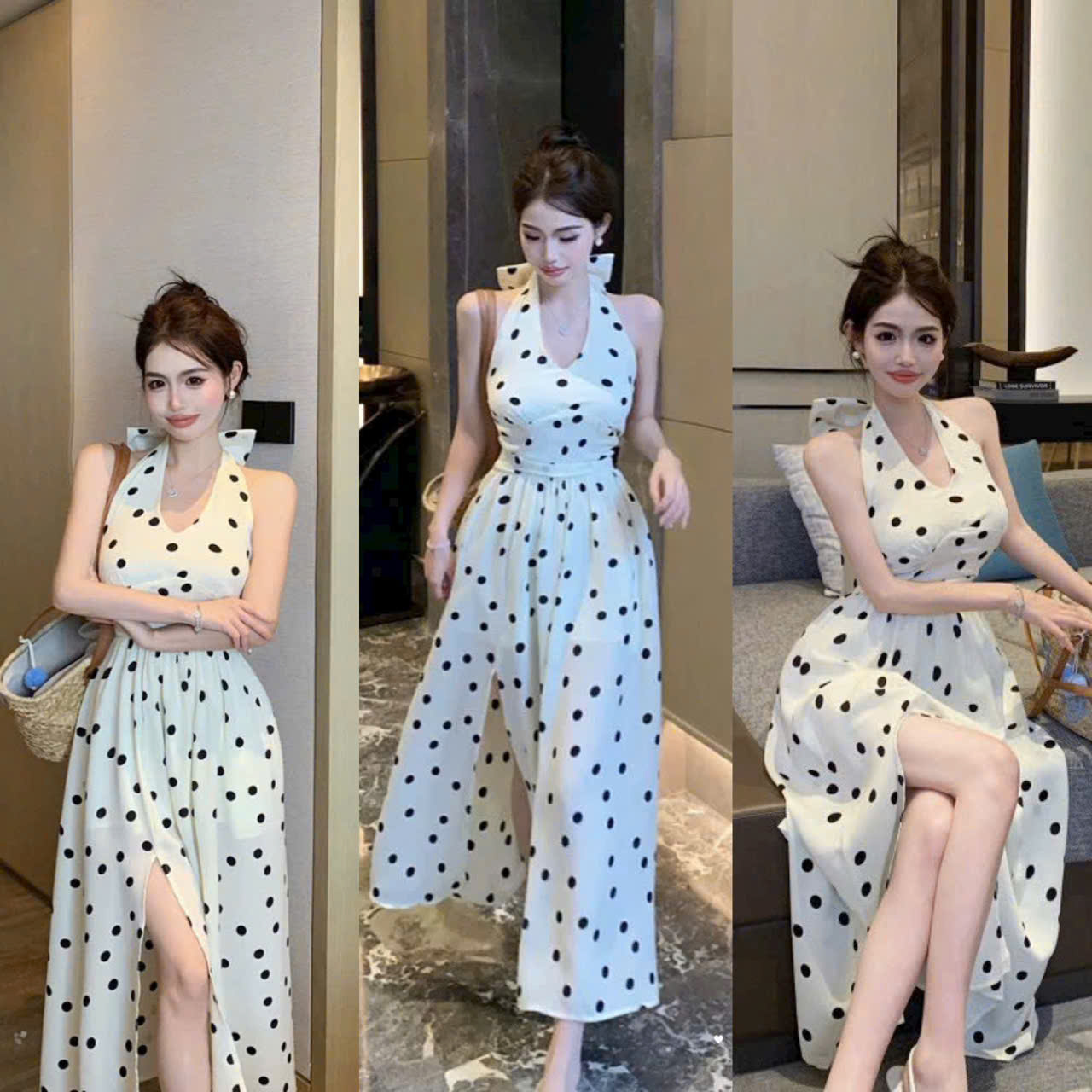 Sam Closet maxi dress with mango polka dots and mocking back with bow