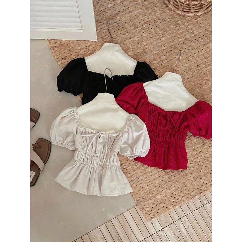 Lovely linen babydoll shirt with puffed sleeves, princess style, bow