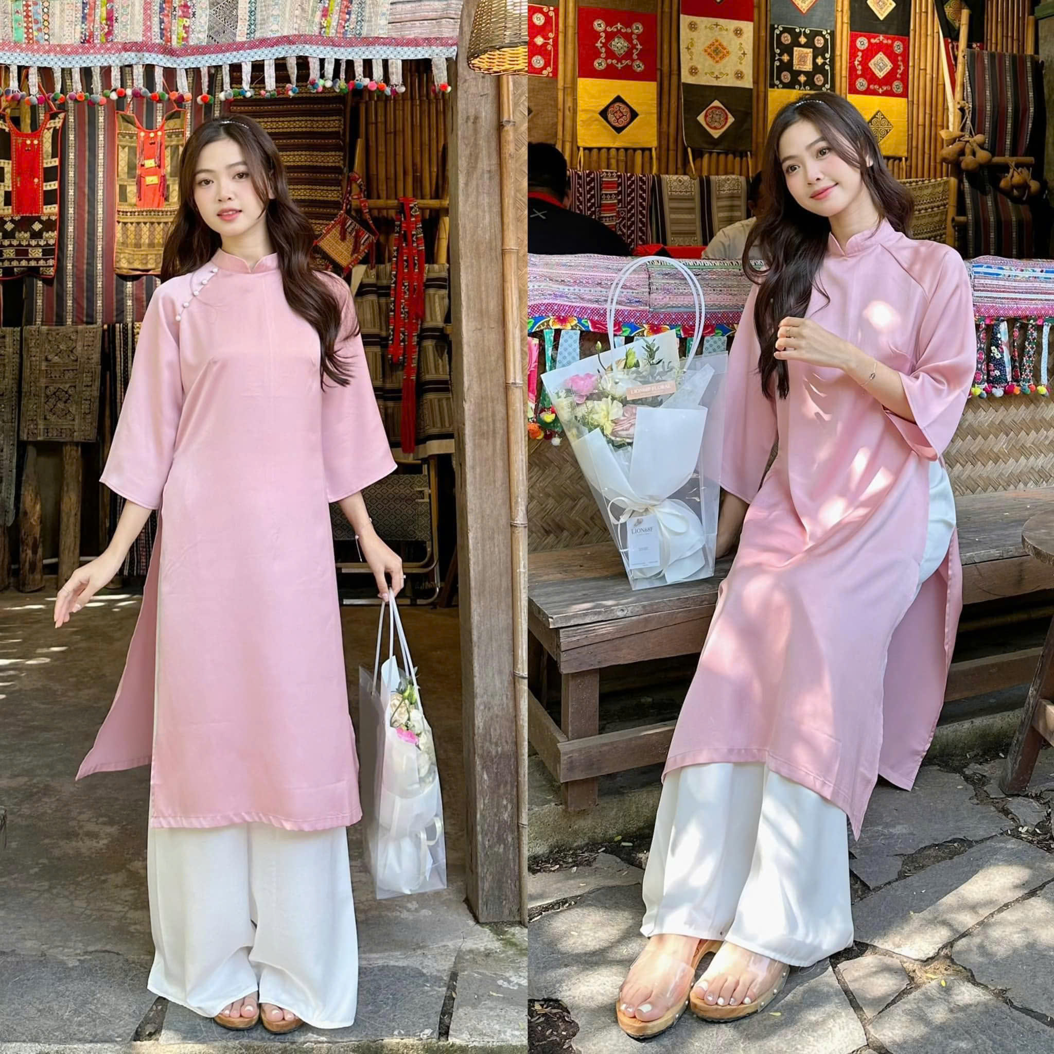 Renovated Ao Dai with Long Shape, Plain Silk Pants with Pearl Buttons ...