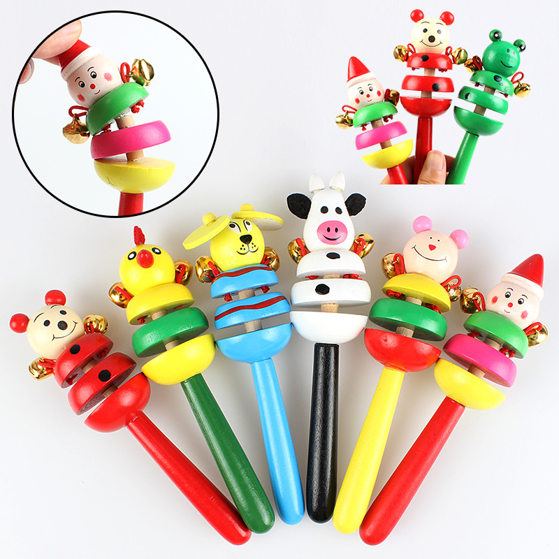 Hand-held wooden rattle toy shaped like a cute animal doll helps your ...