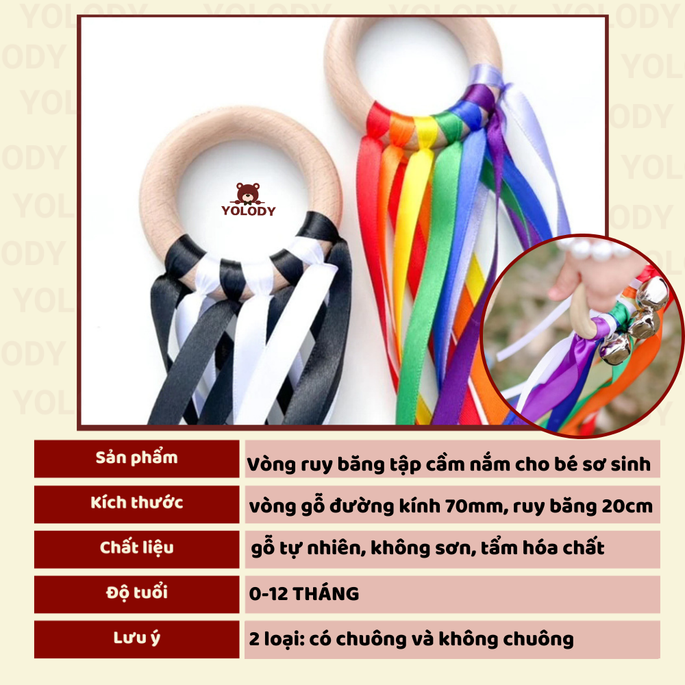 Wooden rattle ring and ribbon grip to develop multi-sensory baby Yolody ...