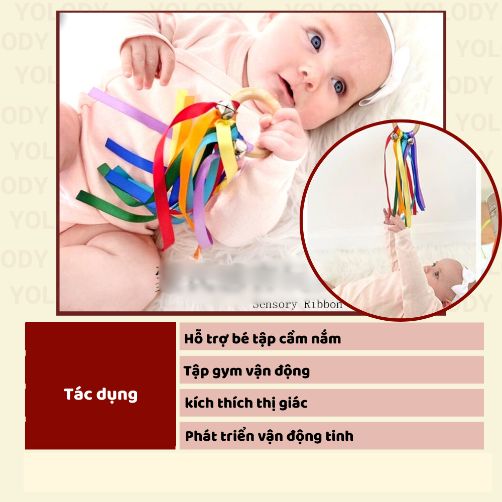 Wooden rattle ring and ribbon grip to develop multi-sensory baby Yolody ...