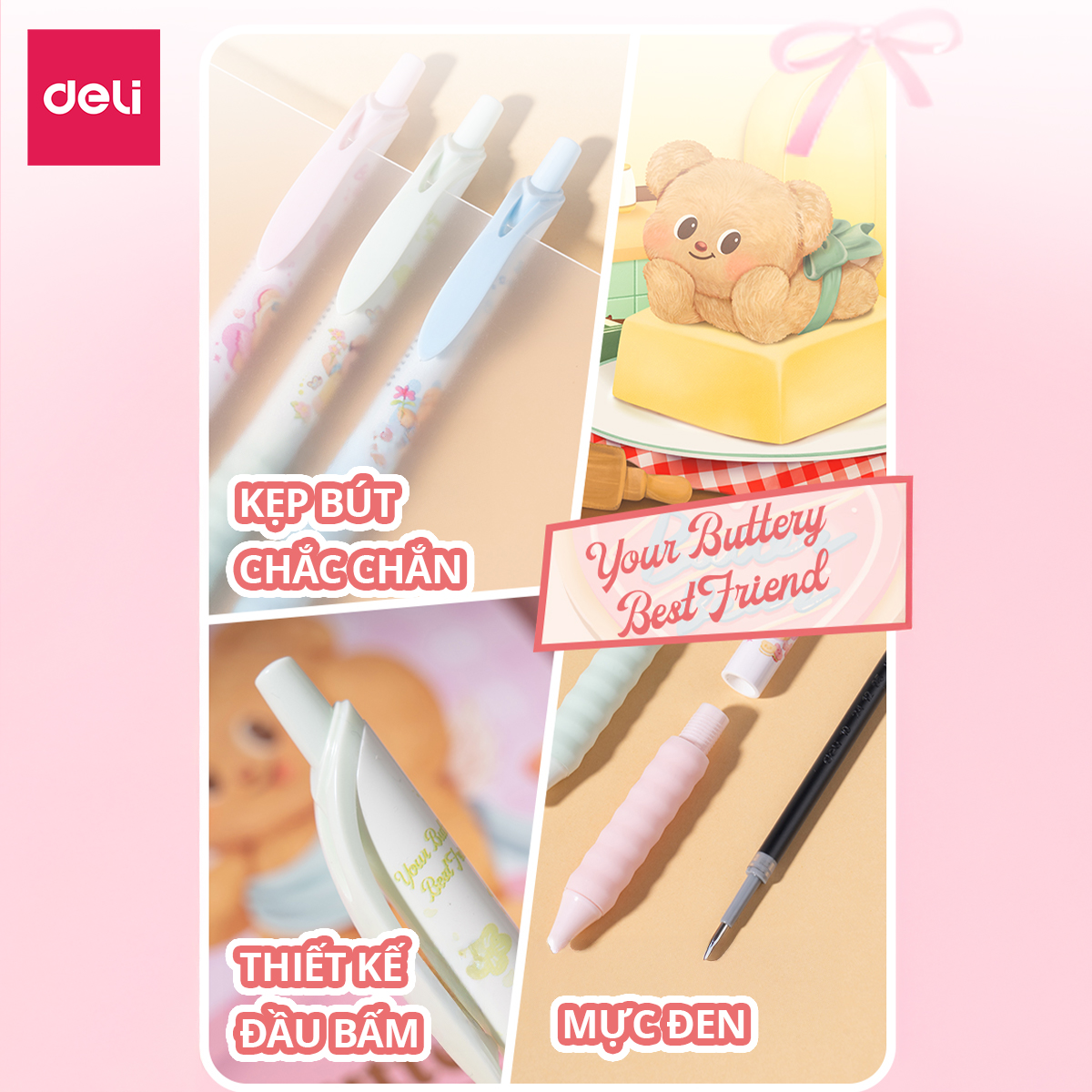 Butterbear x Deli Liquid Ballpoint Gel Pen Cute Smooth Black Ink Even ...