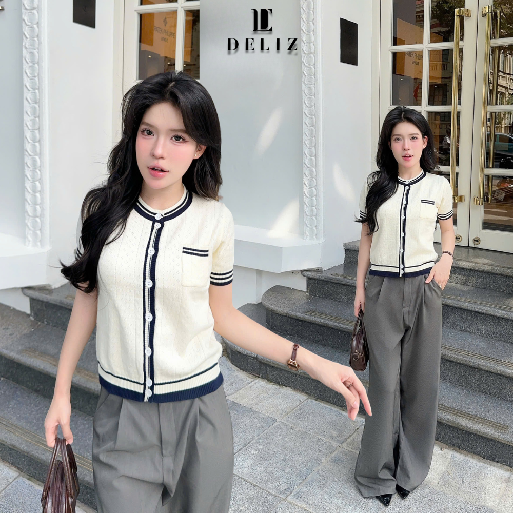 DELIZ - cardigan button-down sweater short sleeve with rabbit fur trim ...