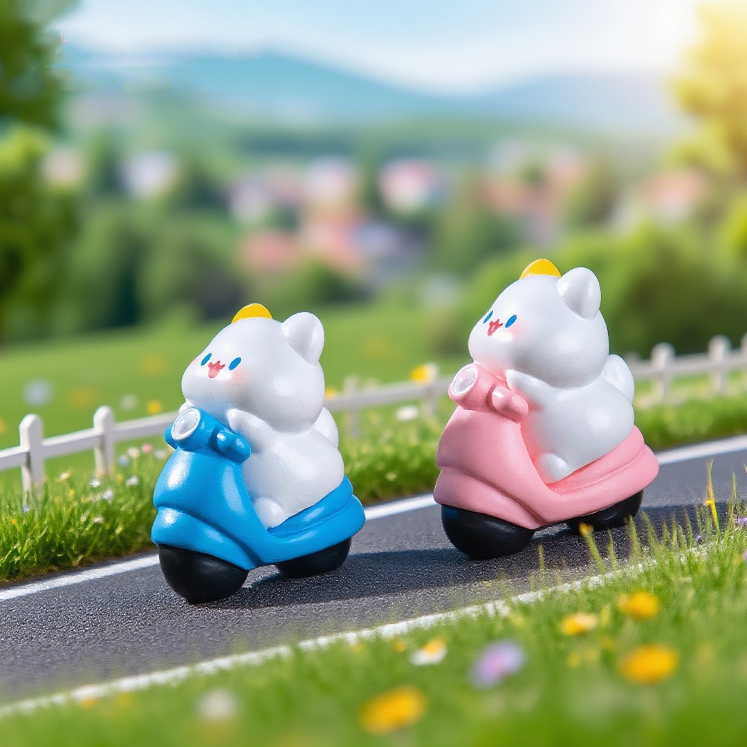 White cat model riding a scooter with Capybara guinea pig riding a car ...